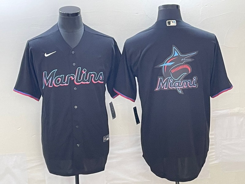 Men's Miami Marlins Black Team Big Logo Cool Base Stitched Baseball Jersey